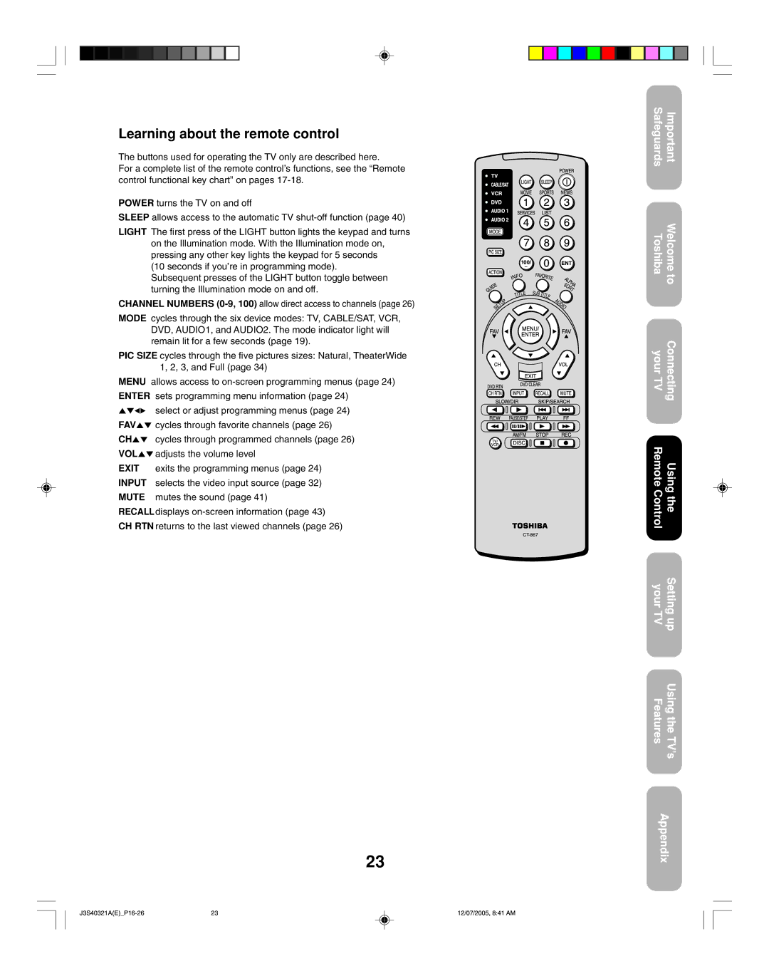 Toshiba 30HFX85 appendix Learning about the remote control 