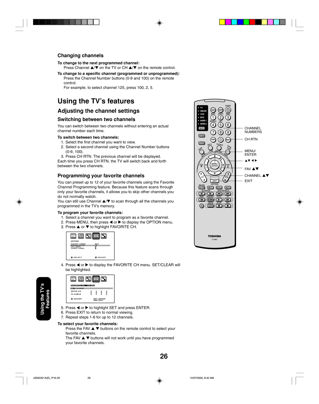 Toshiba 30HFX85 Using the TV’s features, Adjusting the channel settings, Changing channels, Switching between two channels 