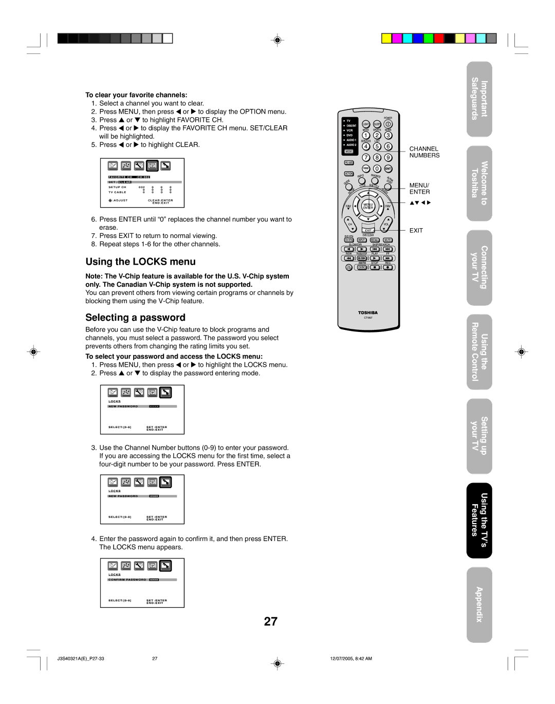 Toshiba 30HFX85 appendix Using the Locks menu, Selecting a password, To clear your favorite channels 