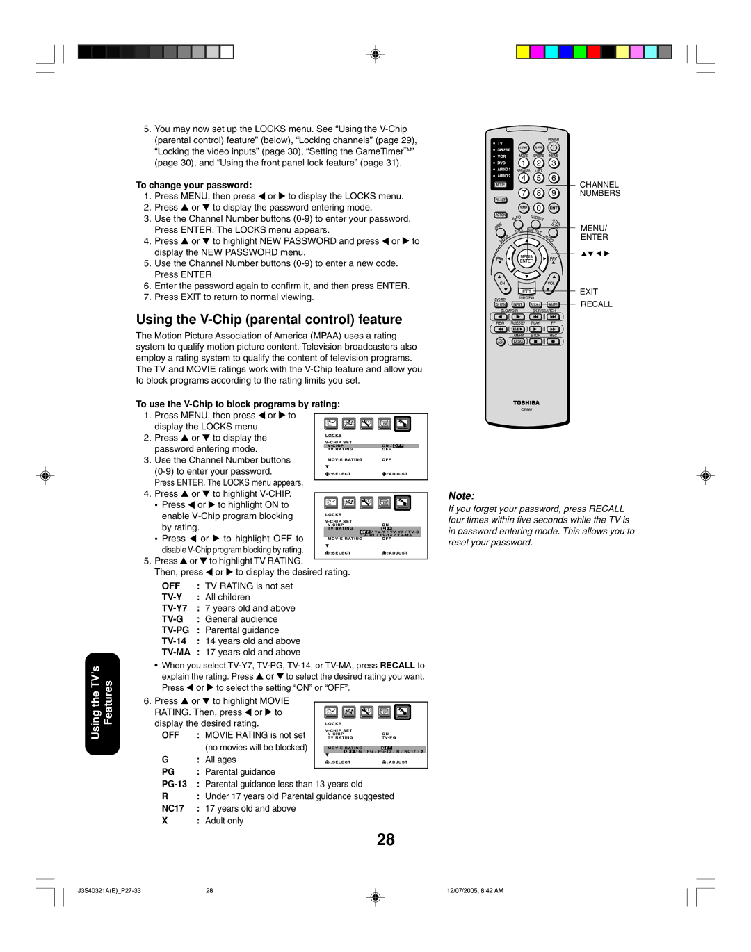 Toshiba 30HFX85 appendix Using the V-Chip parental control feature 