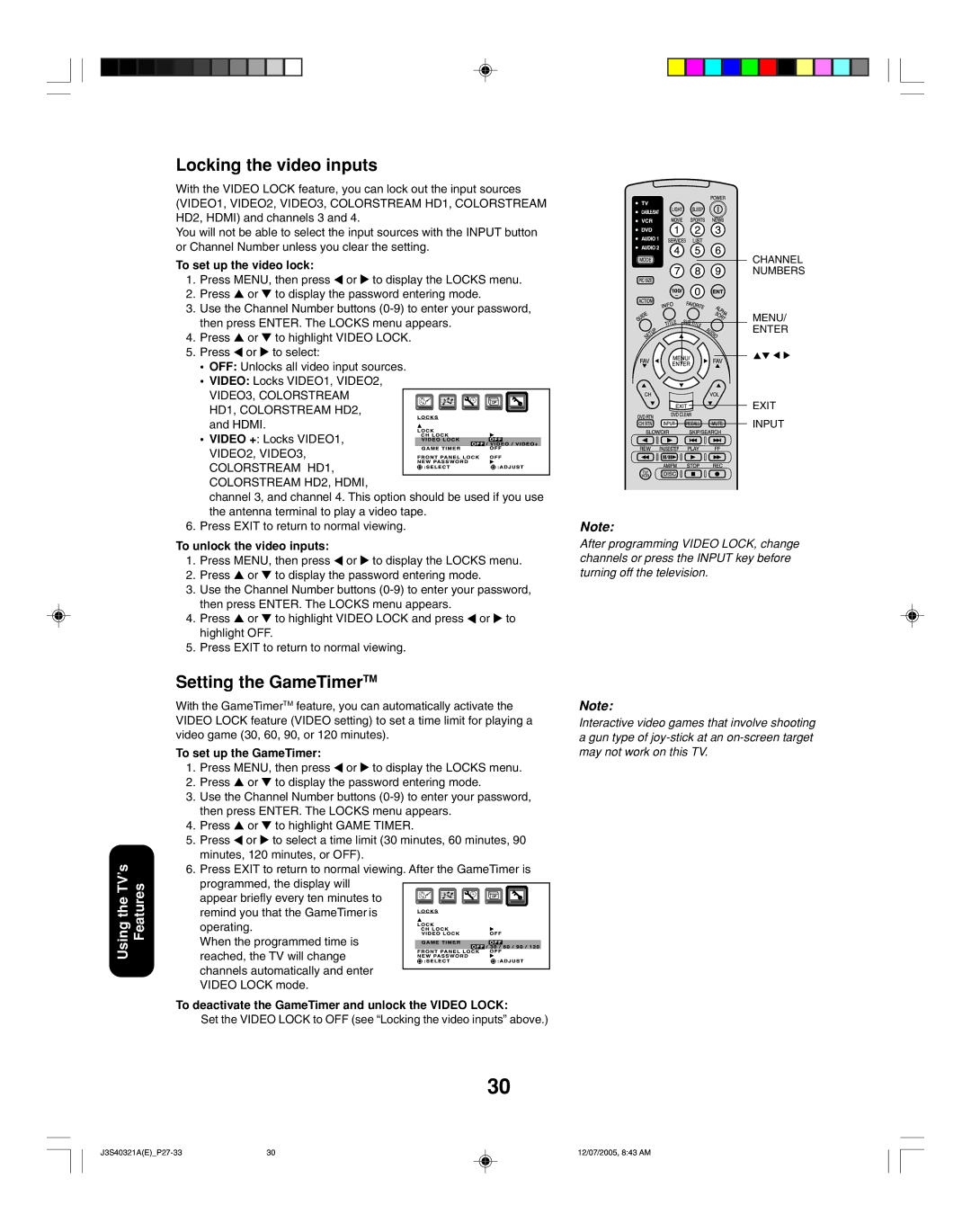 Toshiba 30HFX85 appendix Locking the video inputs, Setting the GameTimerTM 