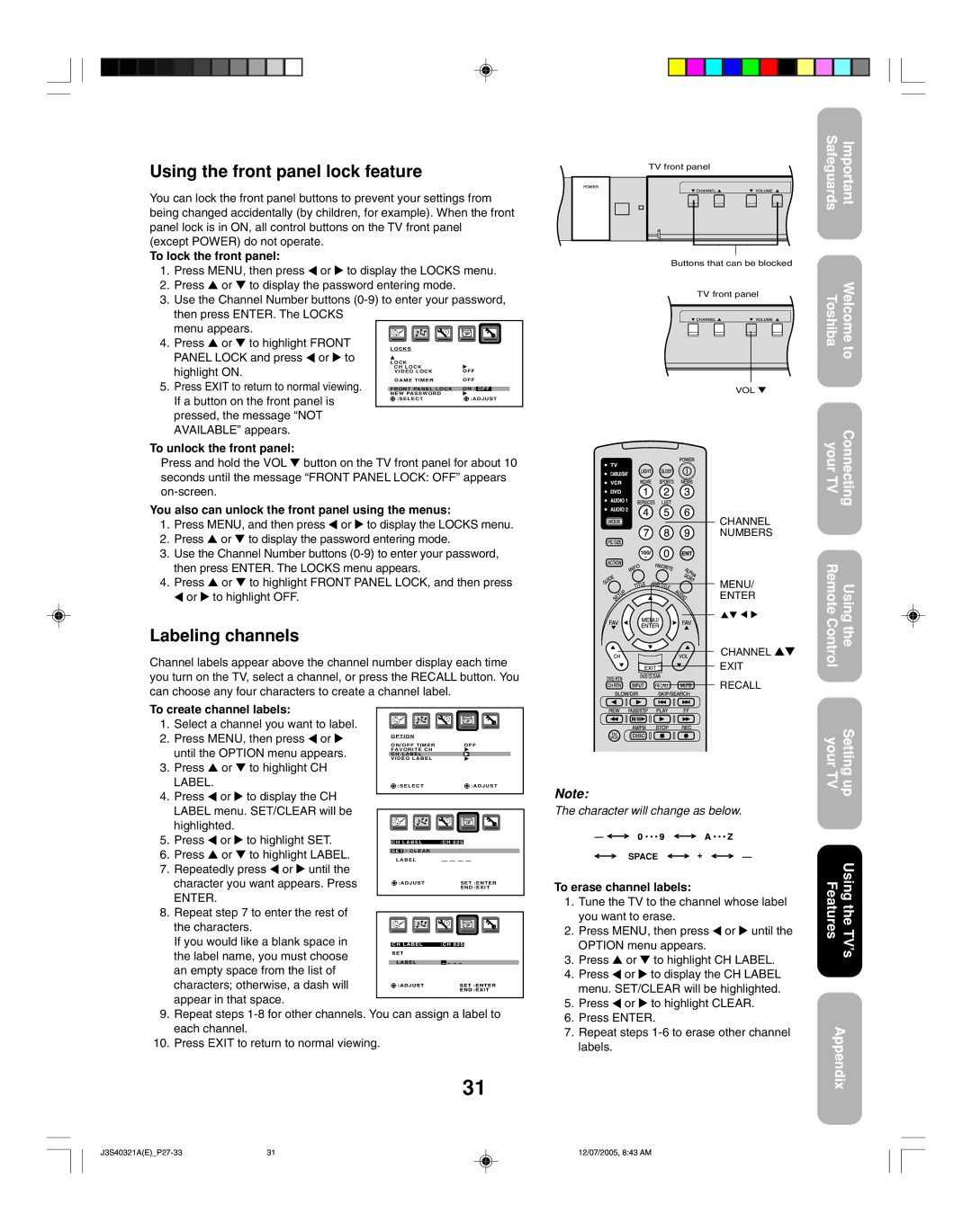 Toshiba 30HFX85 appendix Using the front panel lock feature, Labeling channels 