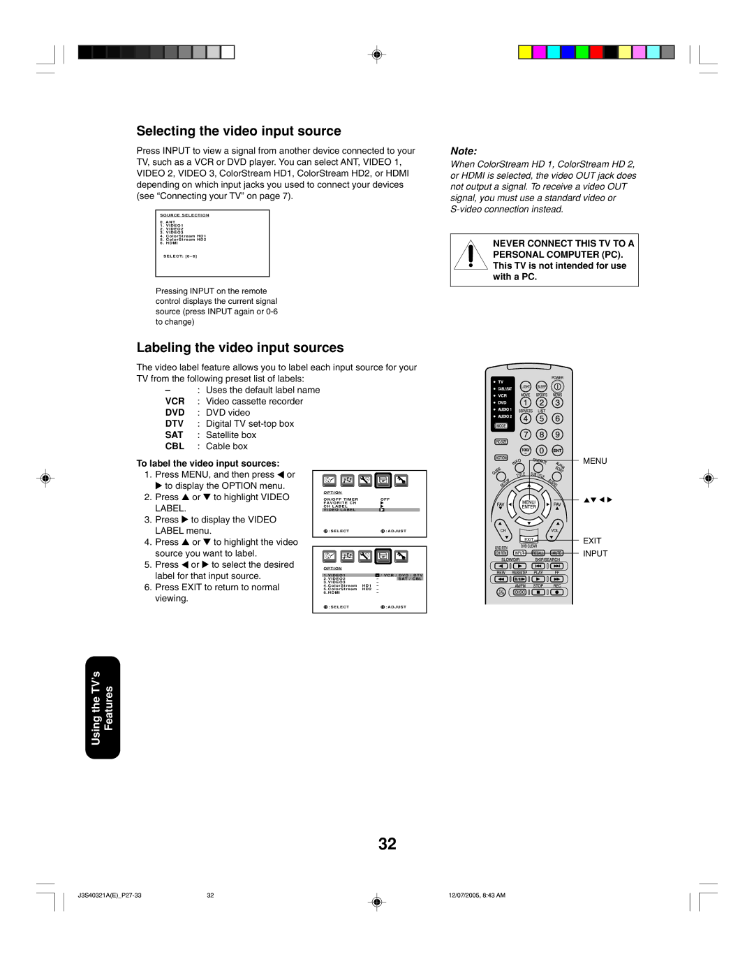 Toshiba 30HFX85 Selecting the video input source, Labeling the video input sources, To label the video input sources 