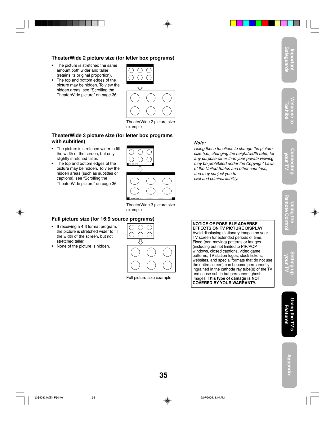 Toshiba 30HFX85 appendix TheaterWide 2 picture size for letter box programs, Full picture size for 169 source programs 