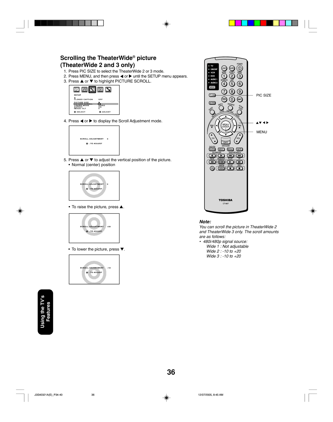 Toshiba 30HFX85 Scrolling the TheaterWide picture TheaterWide 2 and 3 only, Press or to display the Scroll Adjustment mode 