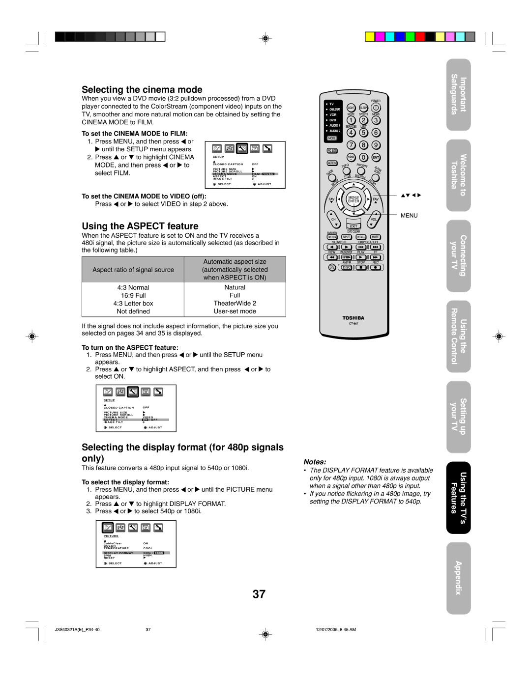 Toshiba 30HFX85 Selecting the cinema mode, Using the Aspect feature, Selecting the display format for 480p signals only 