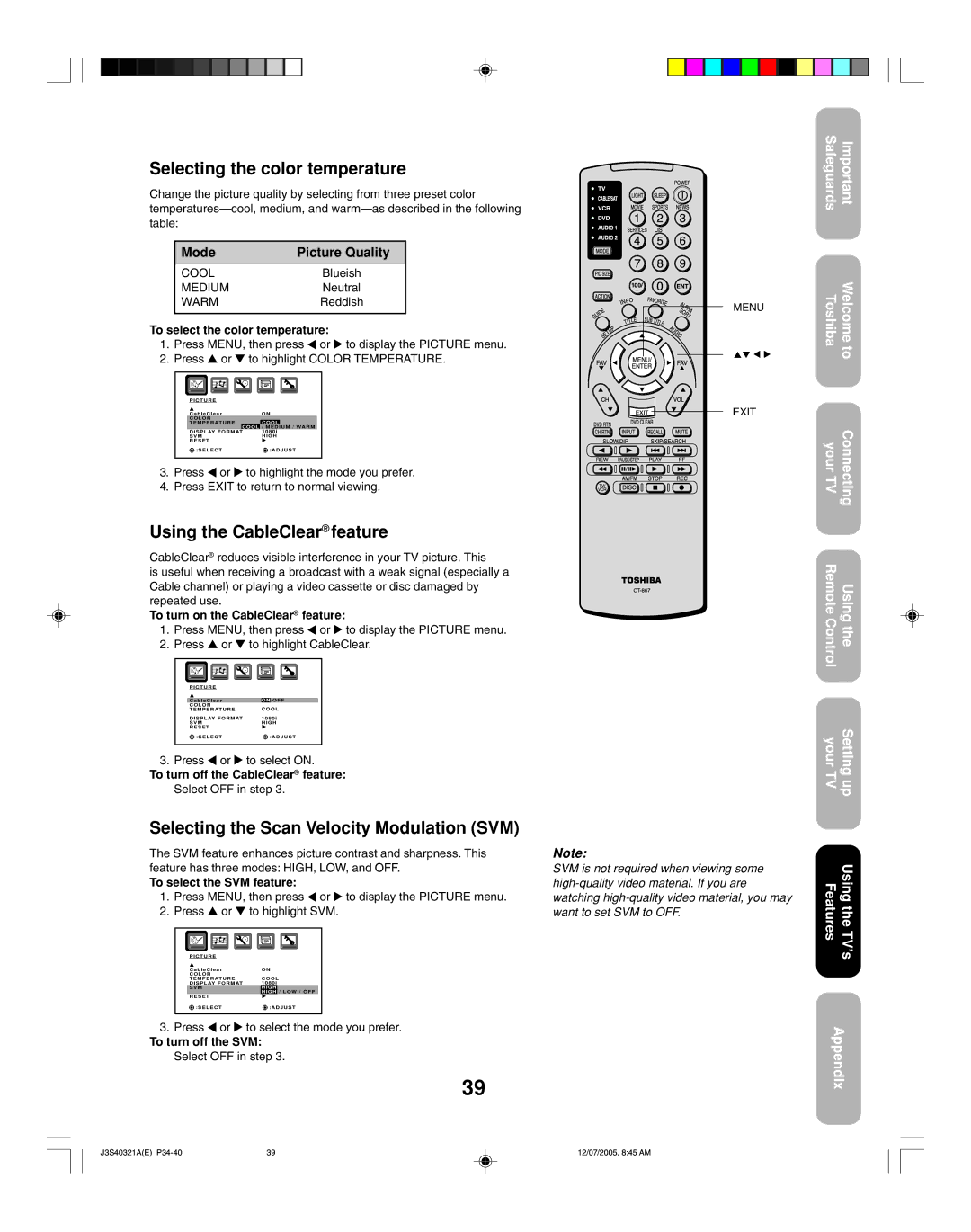 Toshiba 30HFX85 Selecting the color temperature, Using the CableClear feature, Selecting the Scan Velocity Modulation SVM 