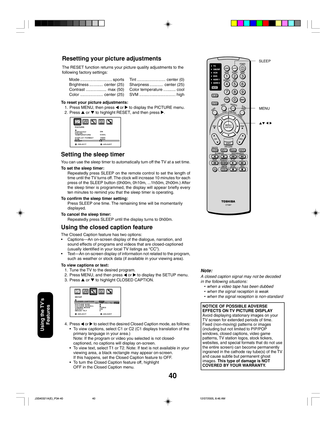 Toshiba 30HFX85 appendix Resetting your picture adjustments, Setting the sleep timer, Using the closed caption feature 