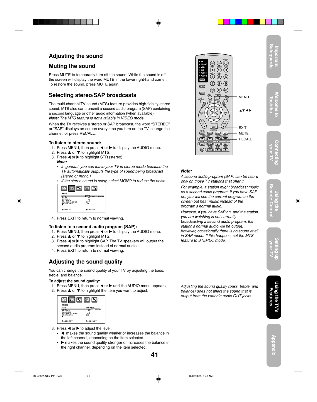 Toshiba 30HFX85 appendix Adjusting the sound Muting the sound, Selecting stereo/SAP broadcasts, Adjusting the sound quality 