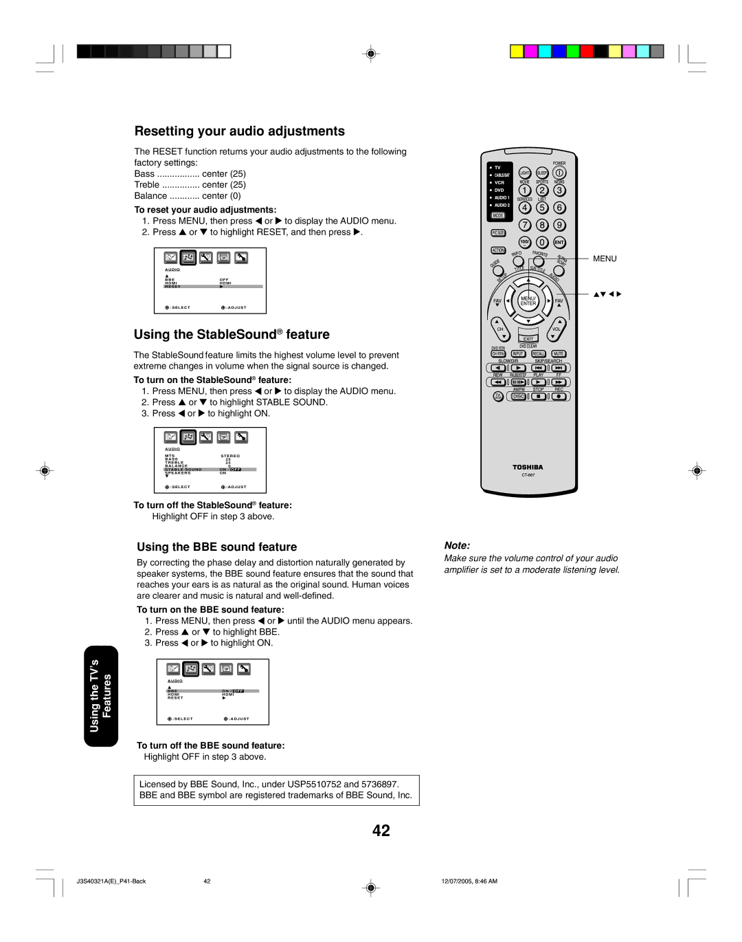 Toshiba 30HFX85 appendix Resetting your audio adjustments, Using the StableSound feature, Using the BBE sound feature 