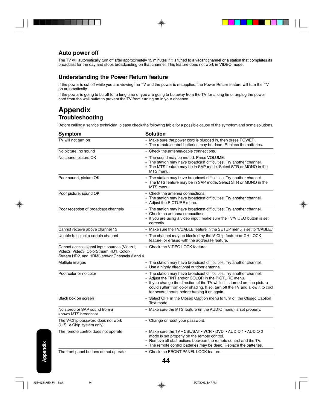 Toshiba 30HFX85 Appendix, Auto power off, Understanding the Power Return feature, Troubleshooting, Symptom Solution 