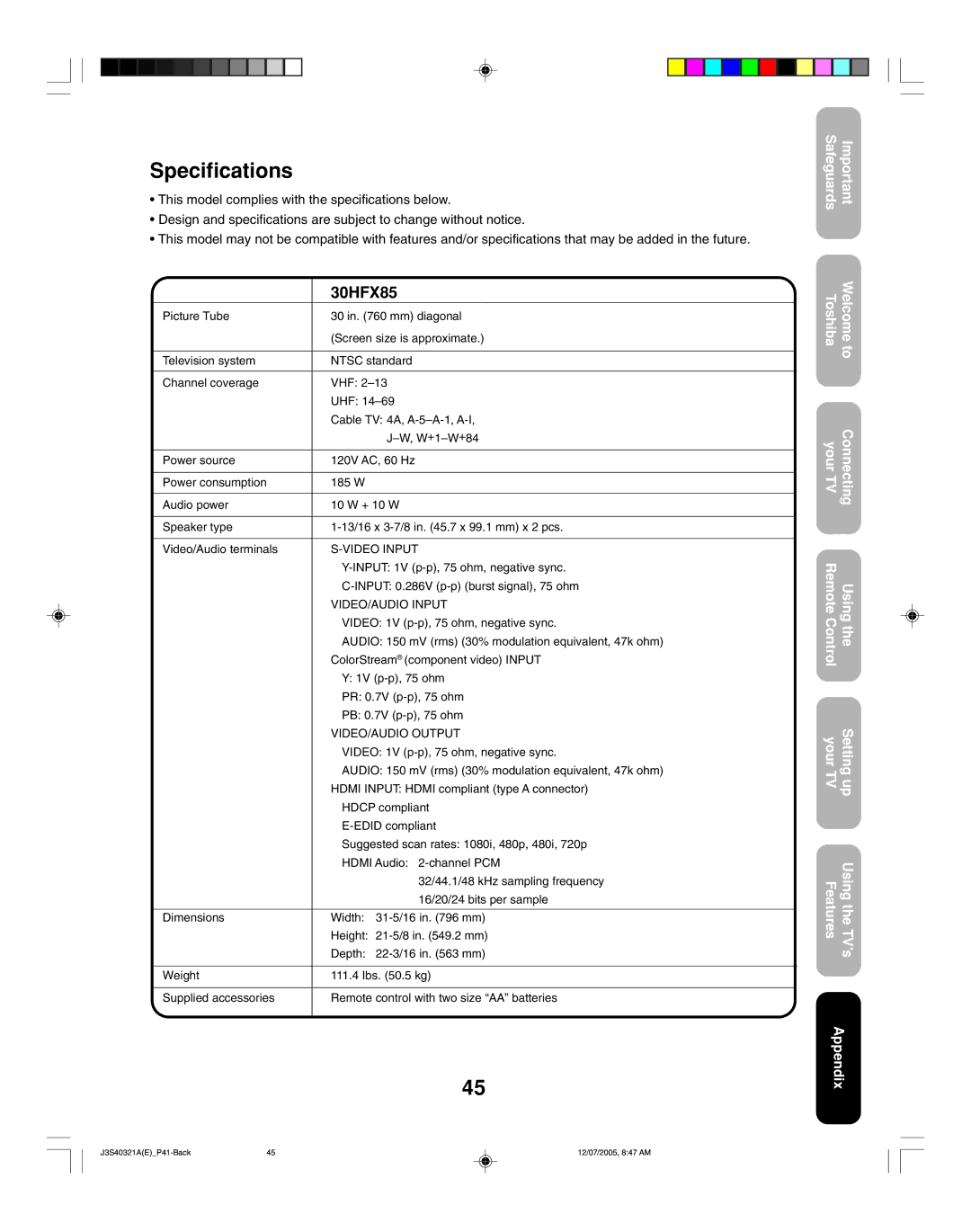 Toshiba 30HFX85 appendix Specifications 