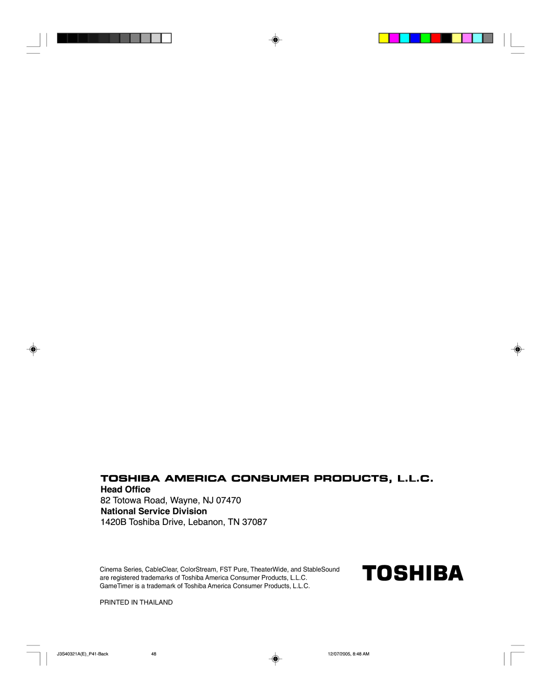 Toshiba 30HFX85 appendix National Service Division 