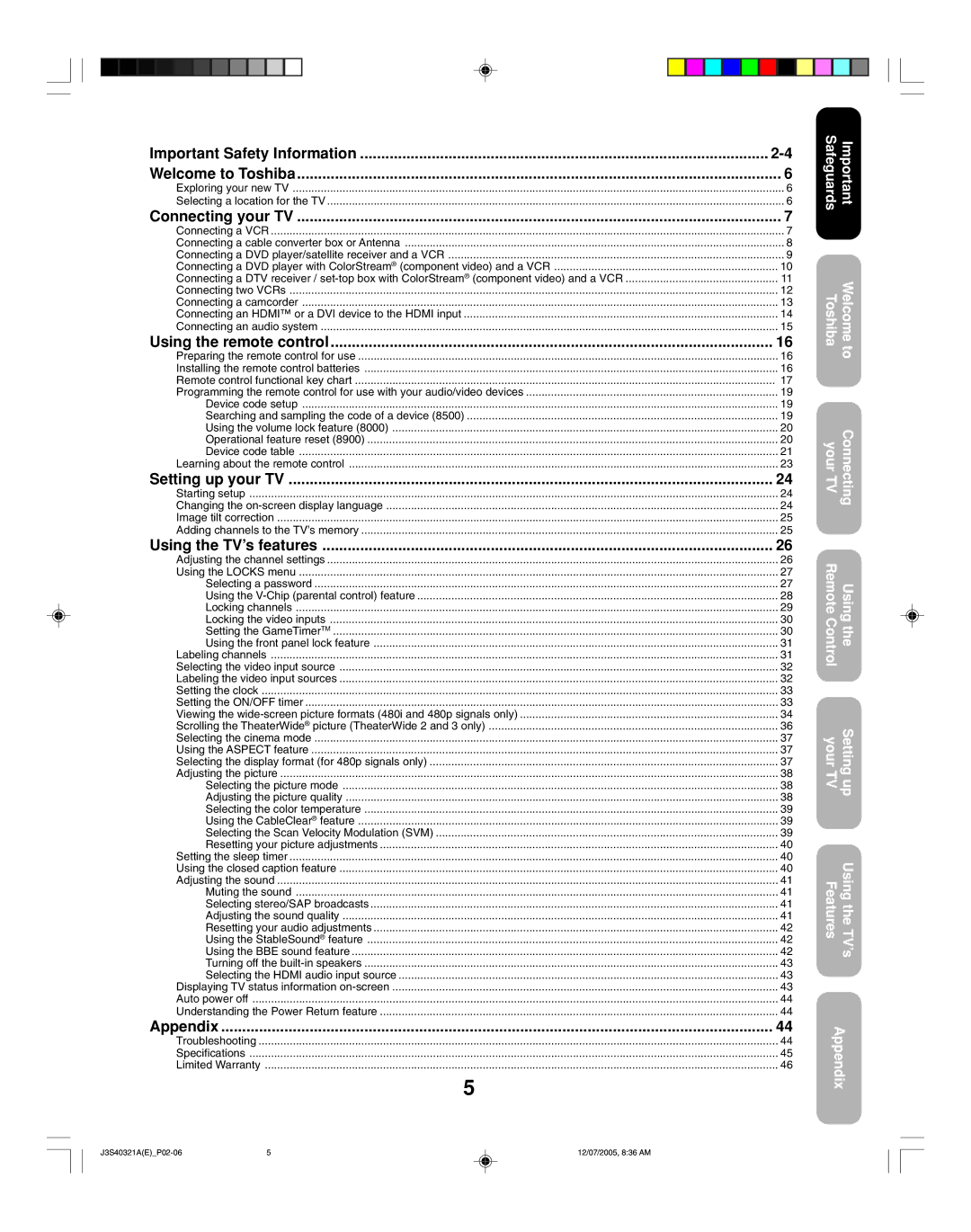 Toshiba 30HFX85 Important Safety Information Welcome to Toshiba, Connecting your TV, Using the remote control, Appendix 