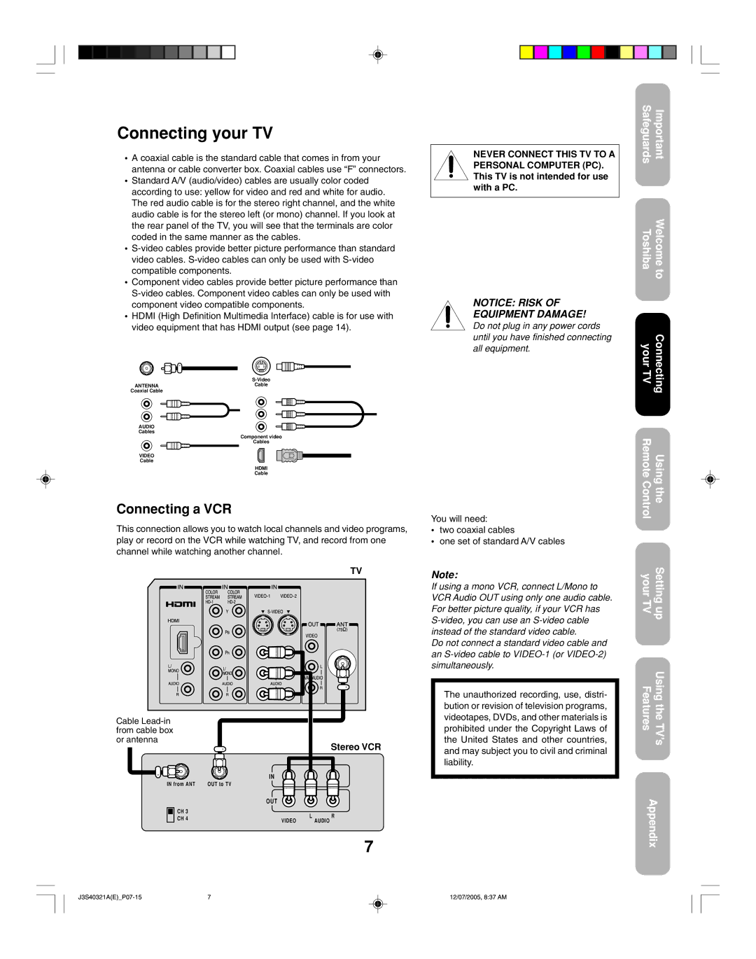 Toshiba 30HFX85 appendix Connecting your TV, Connecting a VCR, Stereo VCR 