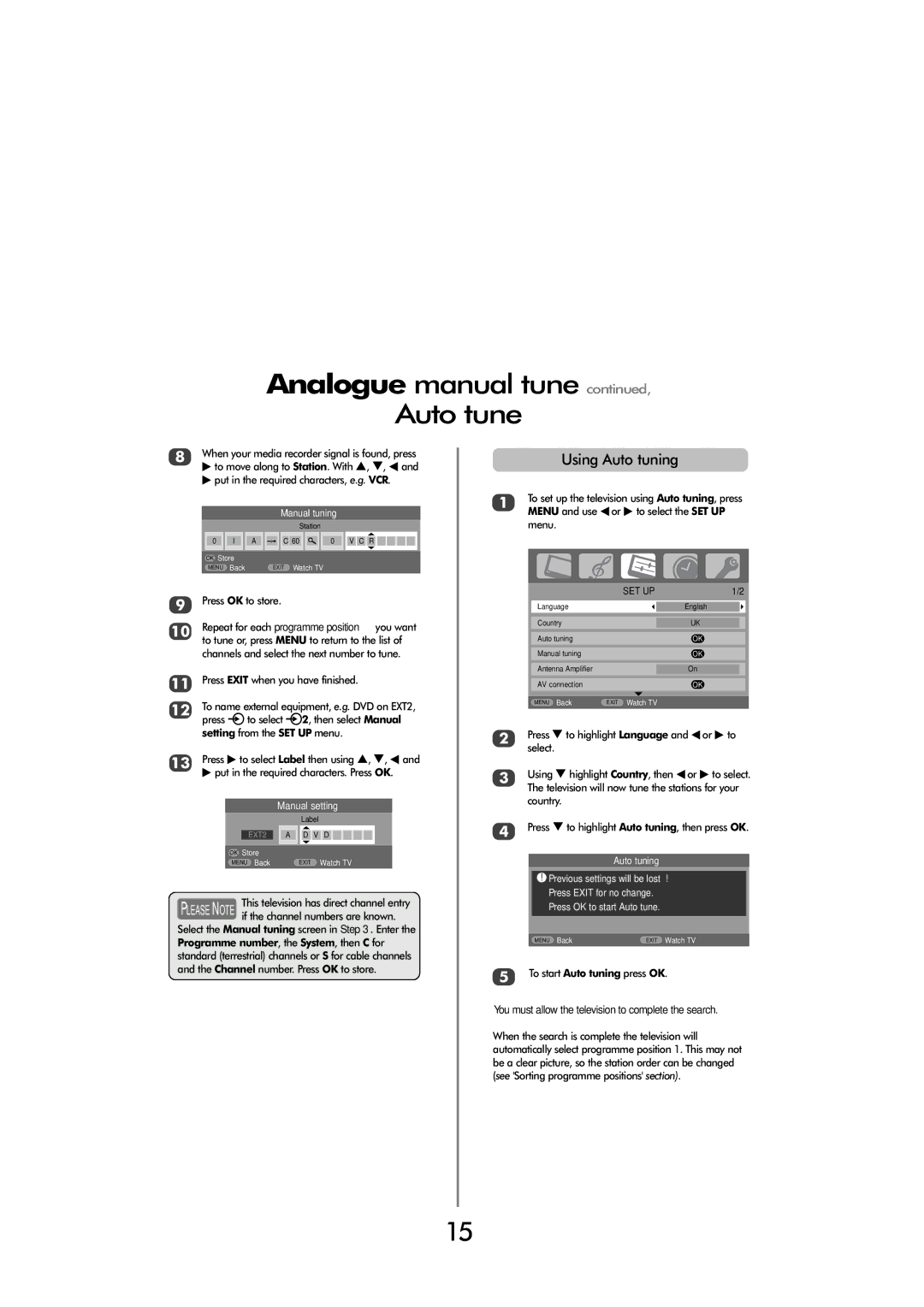 Toshiba 32 80cm, 32 154W, 32 60cm, FULL HD specifications Analogue manual tune Auto tune, Using Auto tuning, Manual setting 