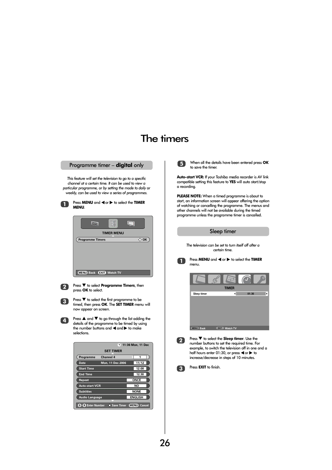 Toshiba 32 154W, 32 80cm Timers, Programme timer digital only, Sleep timer, Press Menu and zor xto select the Timer Menu 