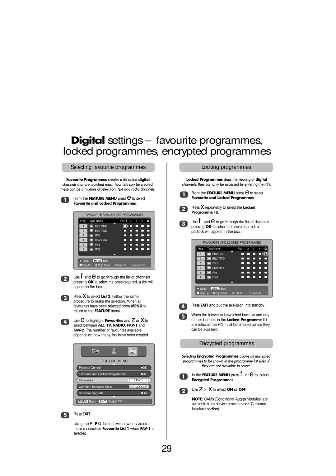 Toshiba FULL HD Selecting favourite programmes, Locking programmes, Press xrepeatedly to select the Locked Programme list 