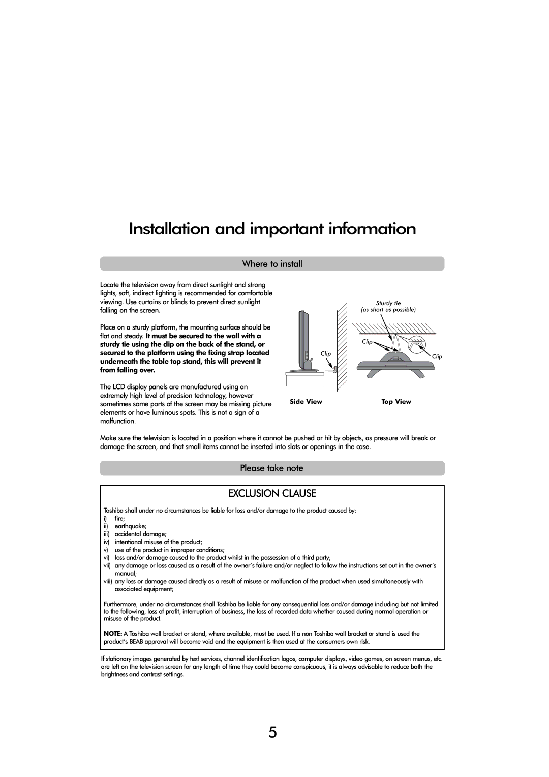 Toshiba FULL HD, 32 154W Installation and important information, Where to install, Please take note, Side View, Top View 