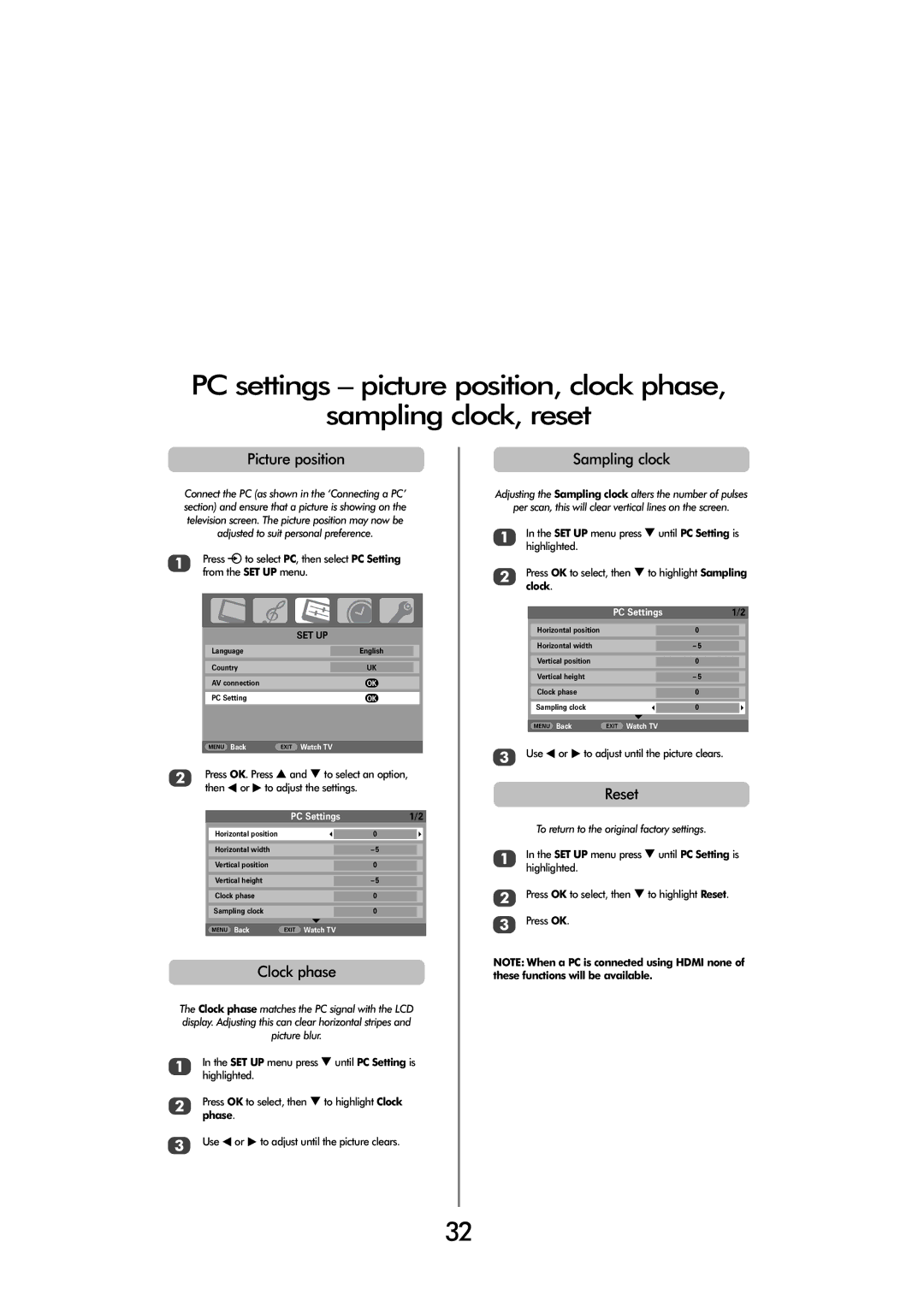 Toshiba 32 60cm, 32 154W, 32 80cm, FULL HD specifications Picture position, Clock phase, Sampling clock, Reset, PC Settings 