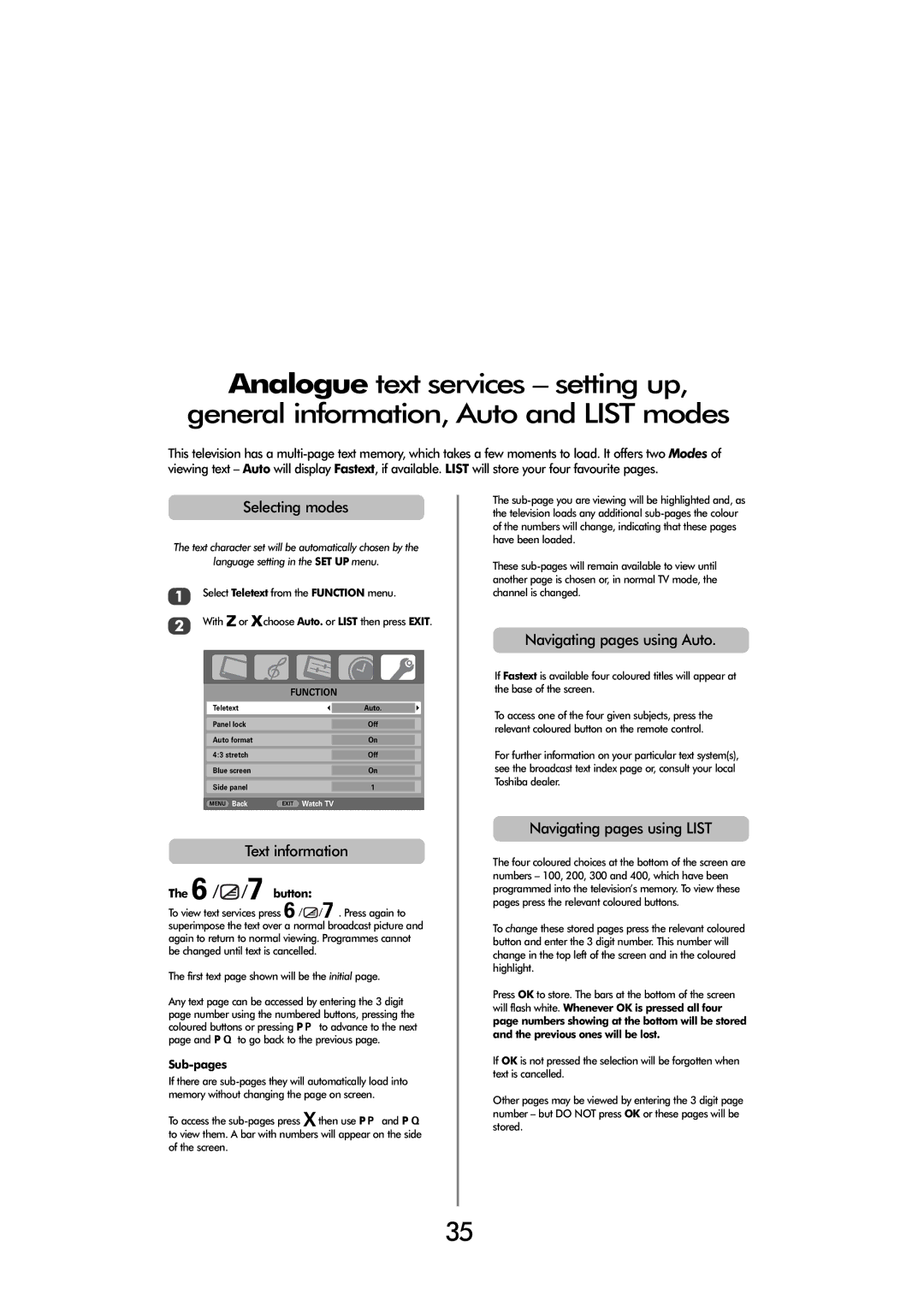 Toshiba 32 80cm, 32 154W Selecting modes, Text information, Navigating pages using Auto, Navigating pages using List 