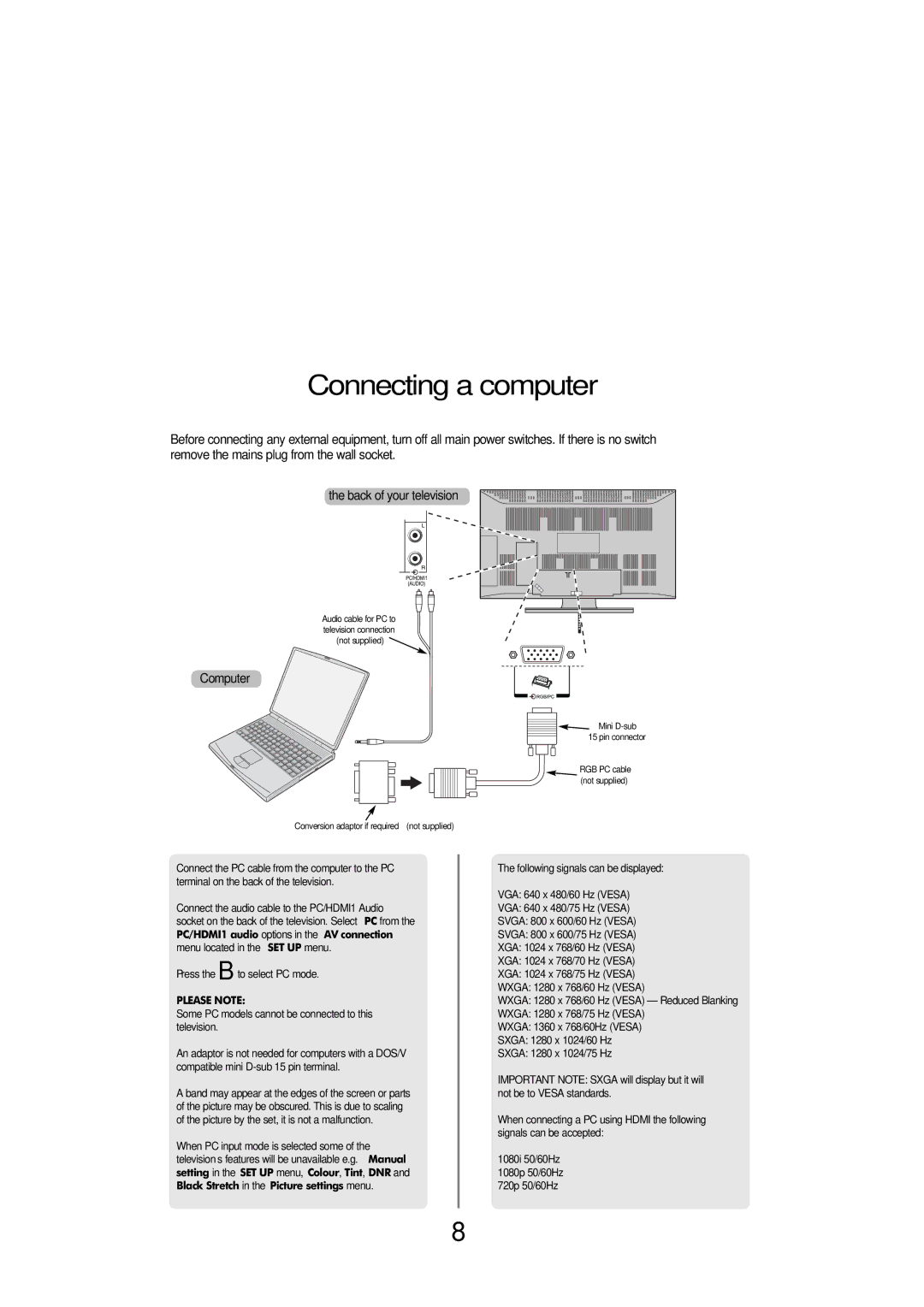 Toshiba 32 60cm, 32 154W, 32 80cm, FULL HD specifications Connecting a computer, Please Note 