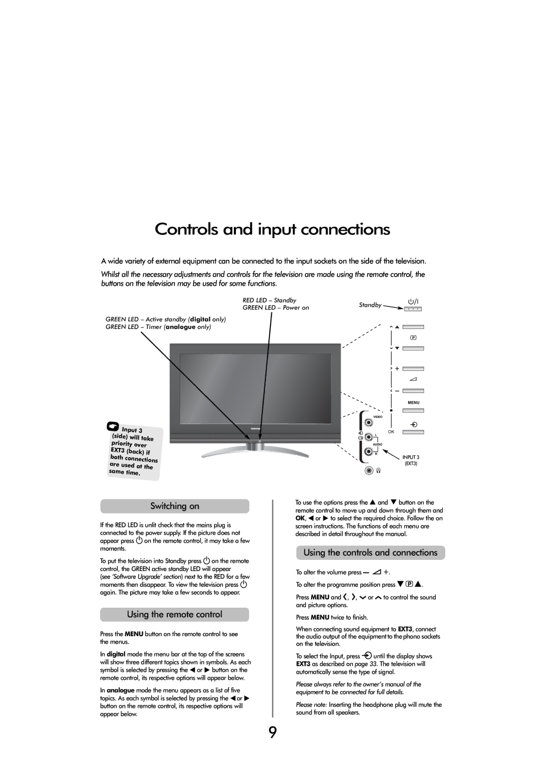 Toshiba FULL HD Controls and input connections, Switching on, Using the remote control, Using the controls and connections 