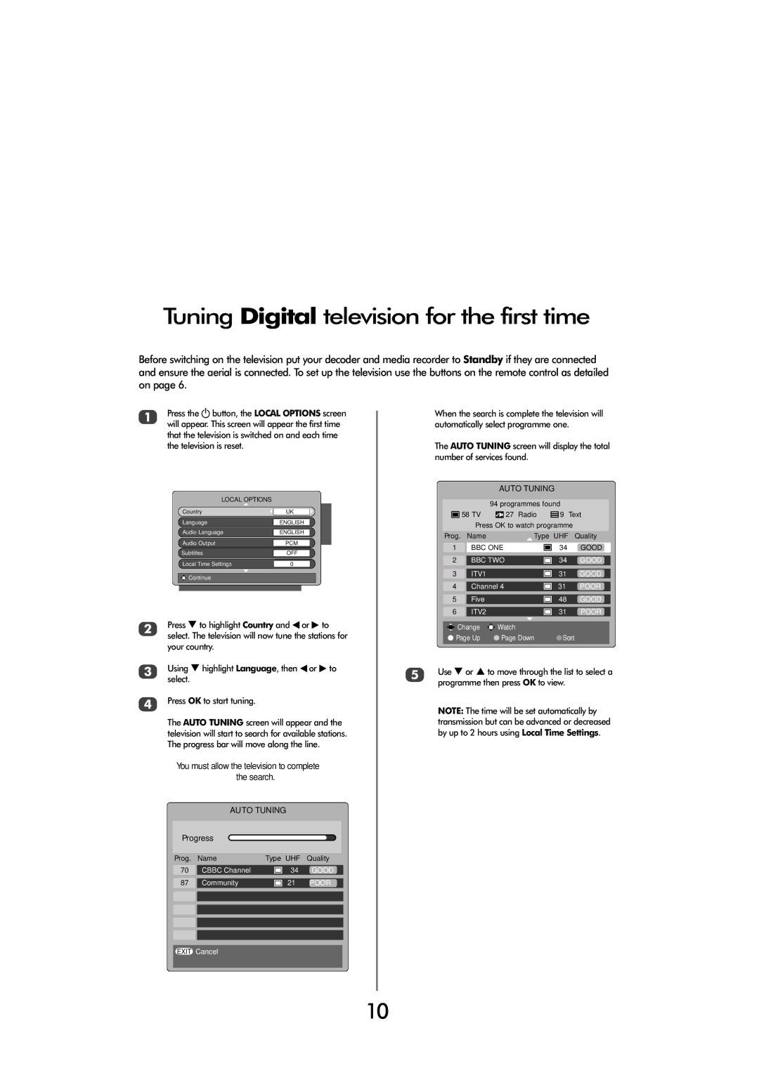 Toshiba 32 154W, 32 80cm, 32 60cm, FULL HD specifications Tuning Digital television for the first time, Auto Tuning, Progress 