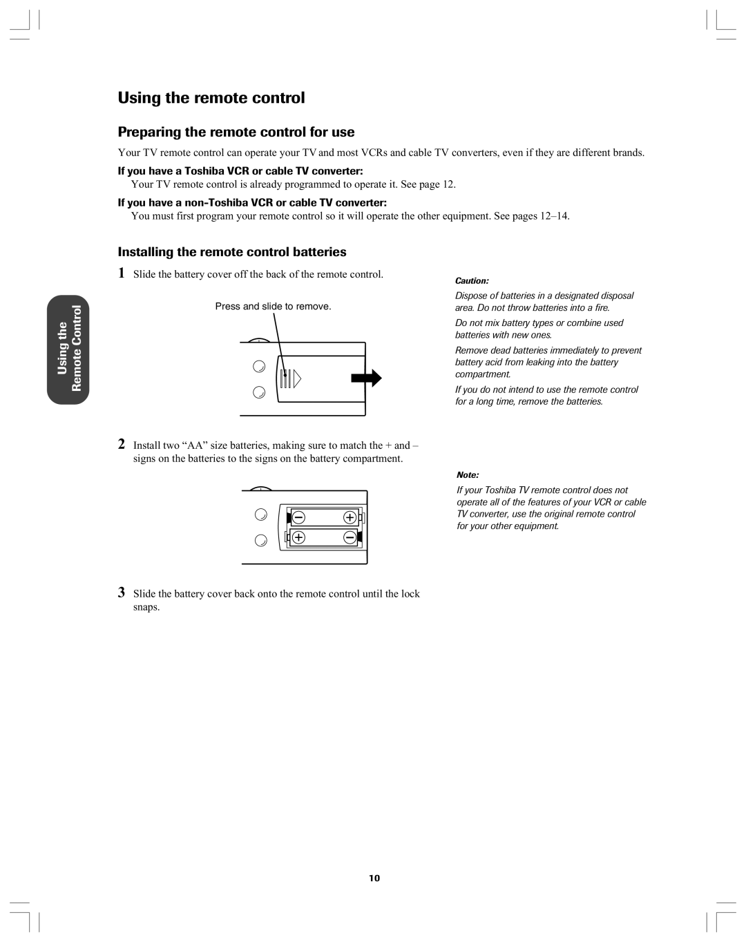 Toshiba 32A12 appendix Preparing the remote control for use, Installing the remote control batteries 