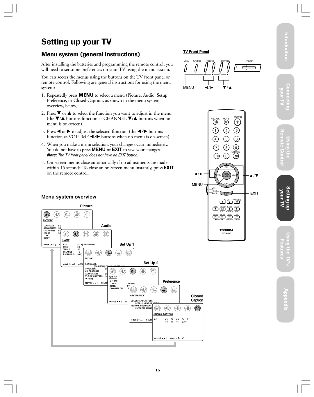 Toshiba 32A12 appendix Setting up your TV, Menu system general instructions 