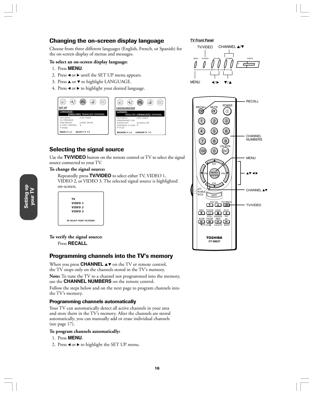 Toshiba 32A12 Changing the on-screen display language, Selecting the signal source, Programming channels automatically 