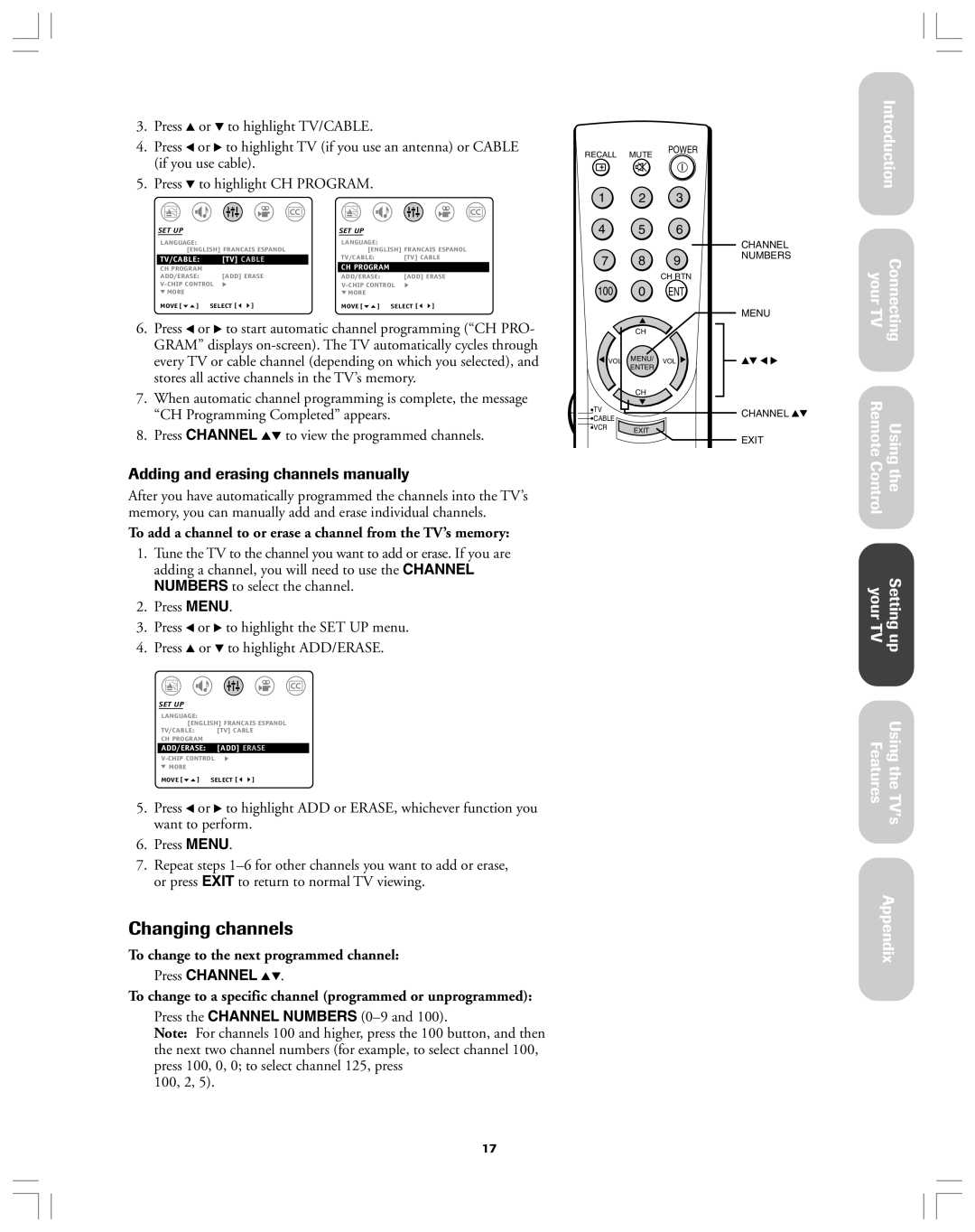 Toshiba 32A12 appendix Changing channels, Adding and erasing channels manually, To change to the next programmed channel 