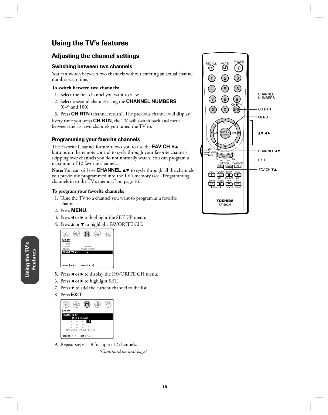 Toshiba 32A12 appendix Adjusting the channel settings, Switching between two channels, Programming your favorite channels 