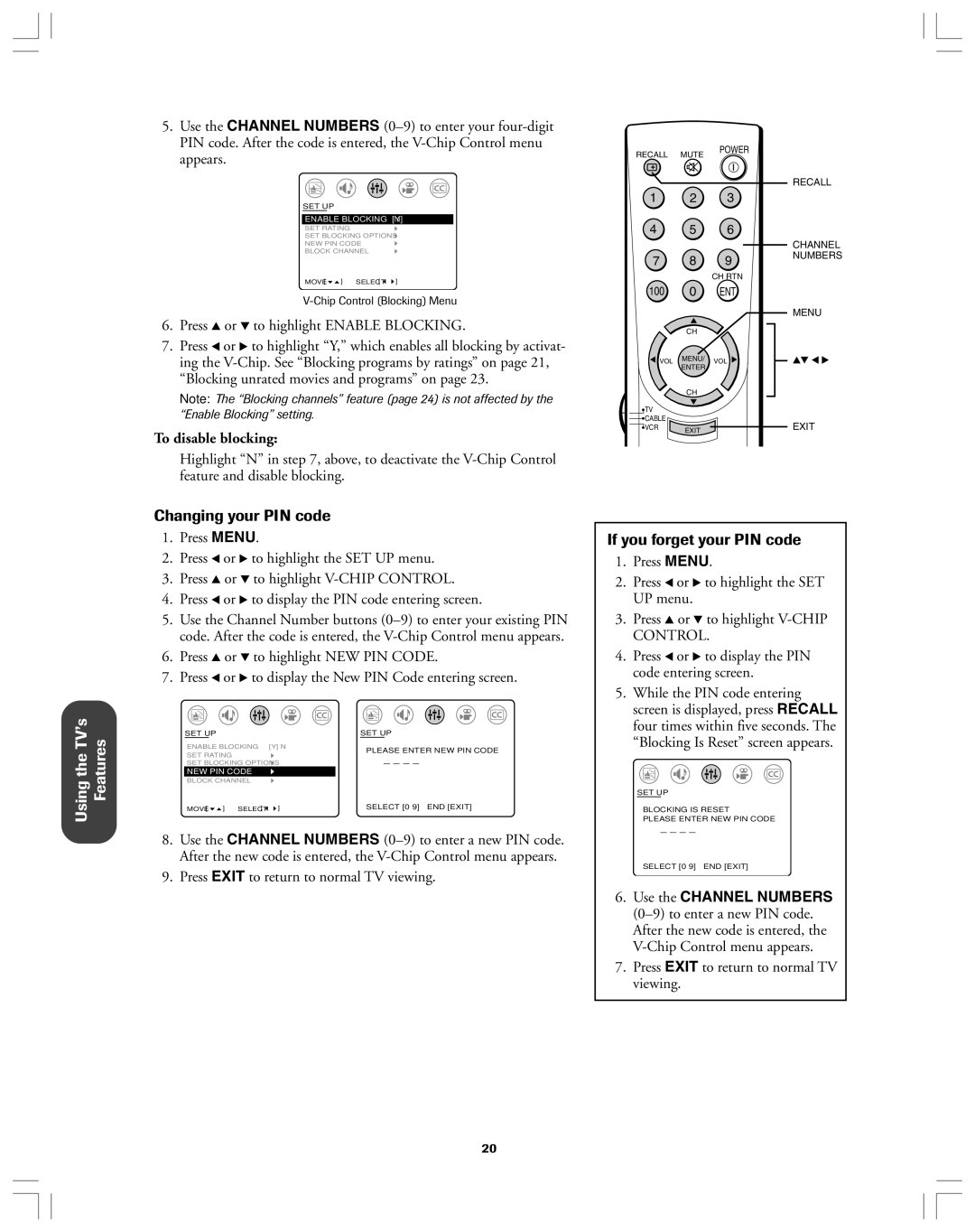 Toshiba 32A12 appendix Changing your PIN code, If you forget your PIN code, To disable blocking 