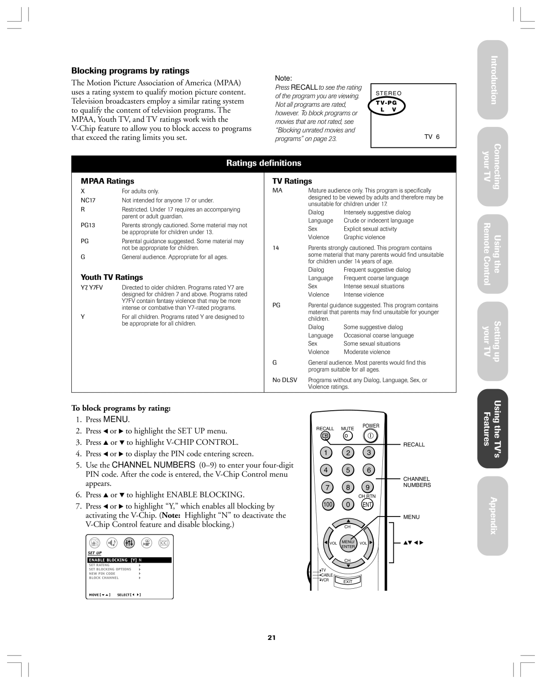 Toshiba 32A12 appendix Blocking programs by ratings, To block programs by rating, Mpaa Ratings TV Ratings, Youth TV Ratings 