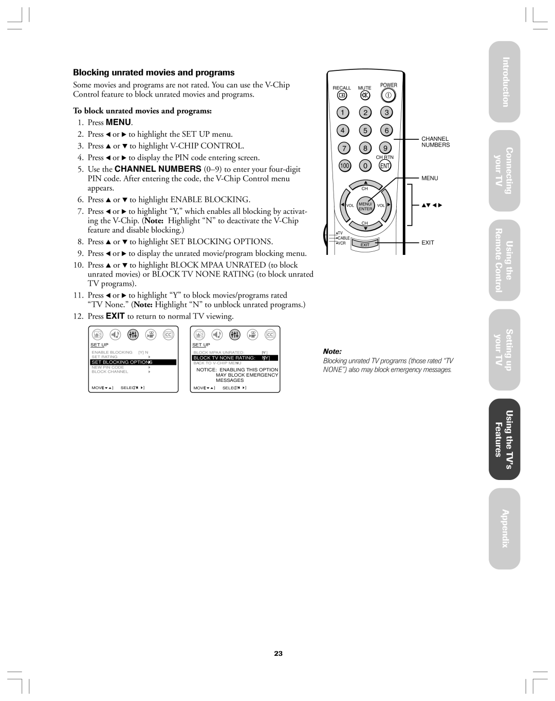 Toshiba 32A12 appendix Blocking unrated movies and programs, To block unrated movies and programs 