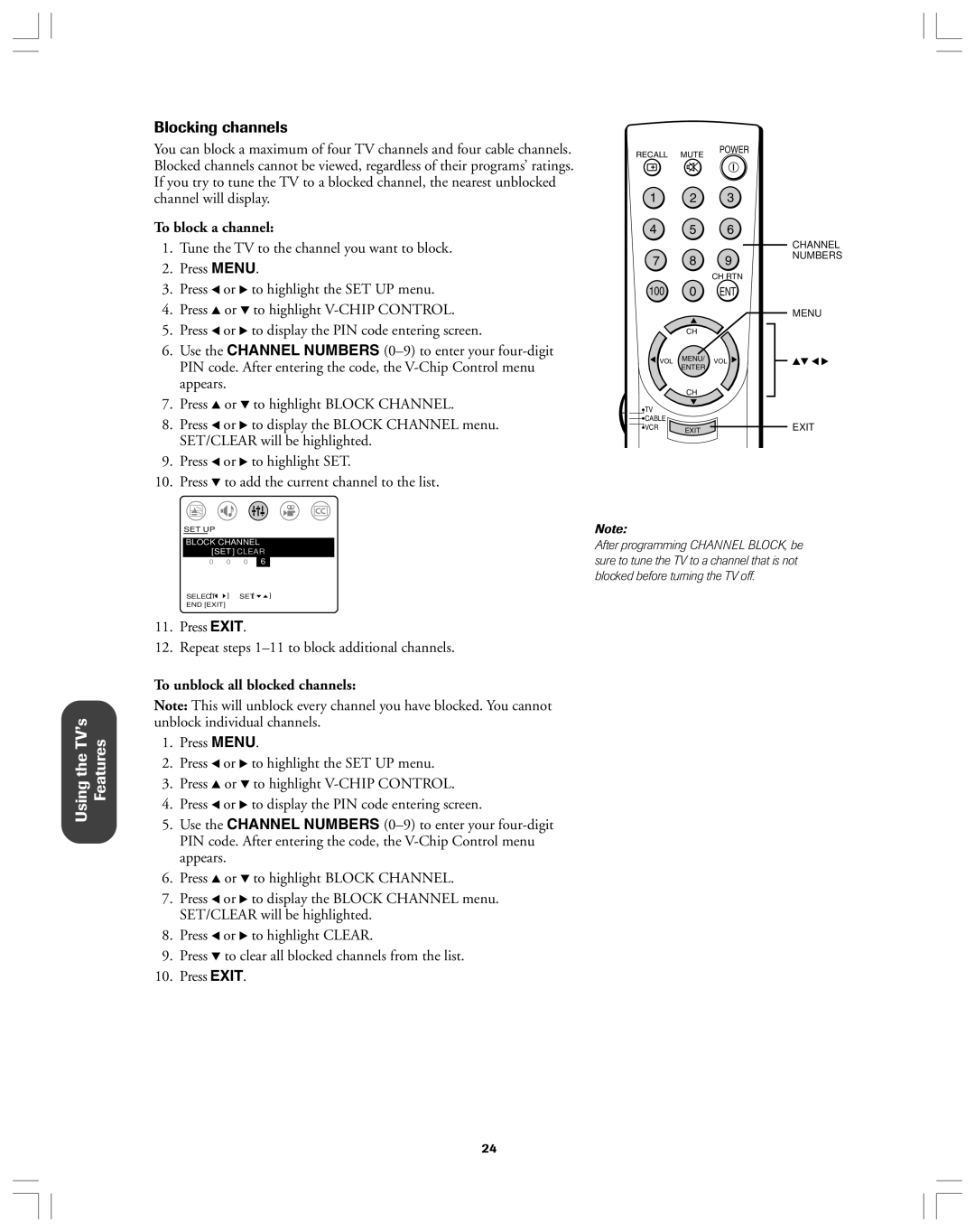 Toshiba 32A12 appendix Blocking channels, To block a channel, To unblock all blocked channels 