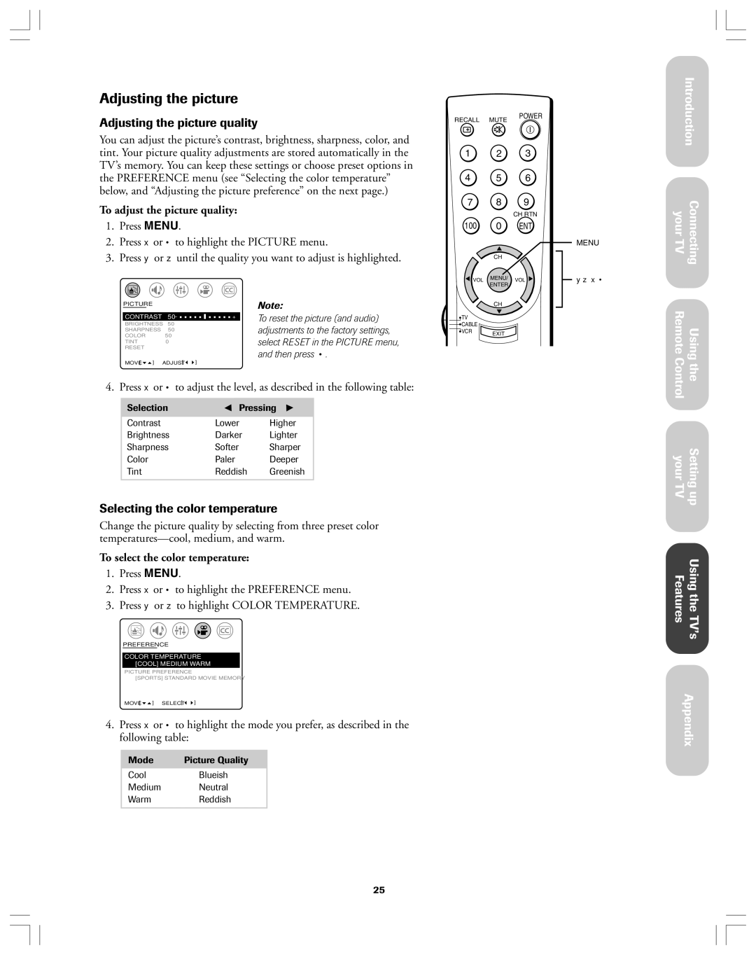 Toshiba 32A12 appendix Adjusting the picture quality, Selecting the color temperature, To adjust the picture quality 