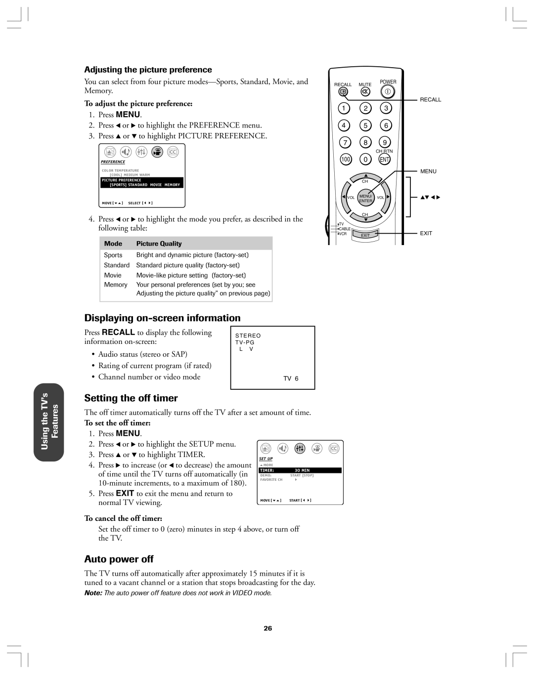 Toshiba 32A12 Displaying on-screen information, Setting the off timer, Auto power off, Adjusting the picture preference 