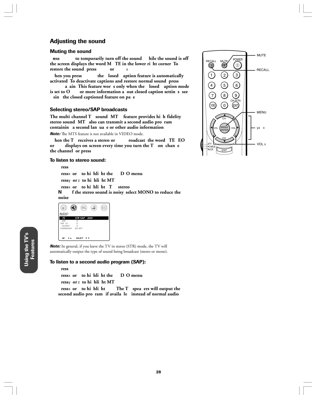 Toshiba 32A12 appendix Adjusting the sound, Muting the sound, Selecting stereo/SAP broadcasts 