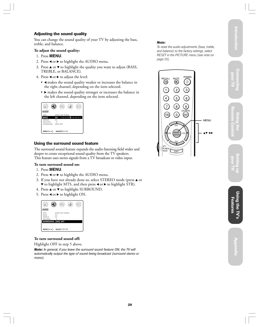 Toshiba 32A12 appendix Adjusting the sound quality, Using the surround sound feature, To adjust the sound quality 