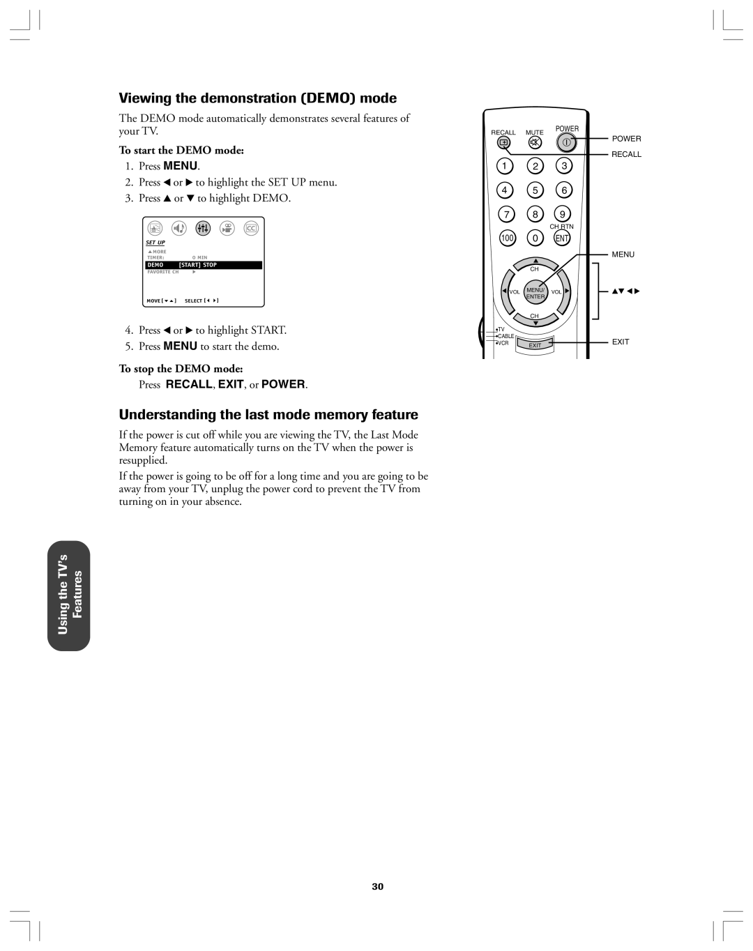 Toshiba 32A12 Viewing the demonstration Demo mode, Understanding the last mode memory feature, To start the Demo mode 