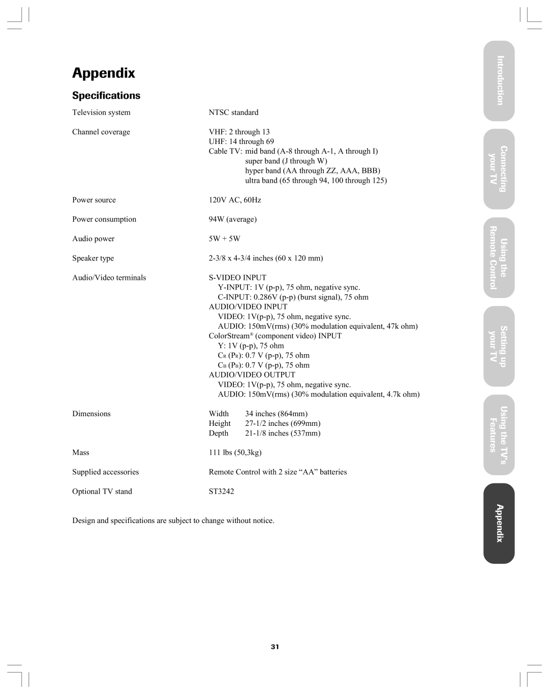 Toshiba 32A12 appendix Appendix, Specifications 