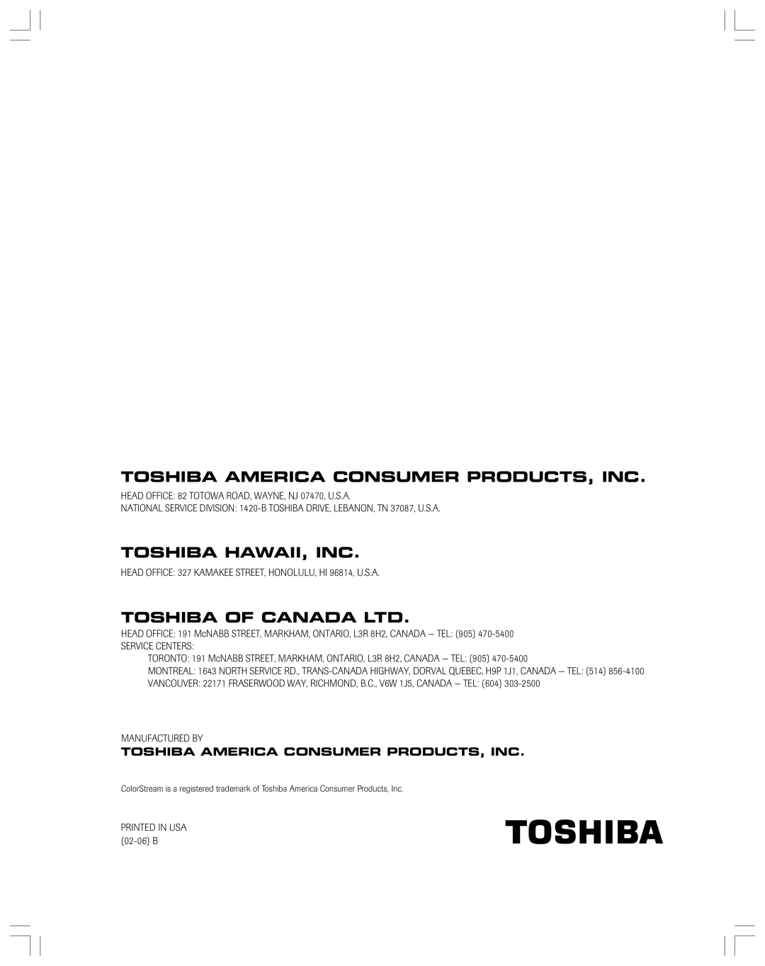 Toshiba 32A12 appendix Toshiba America Consumer PRODUCTS, INC 