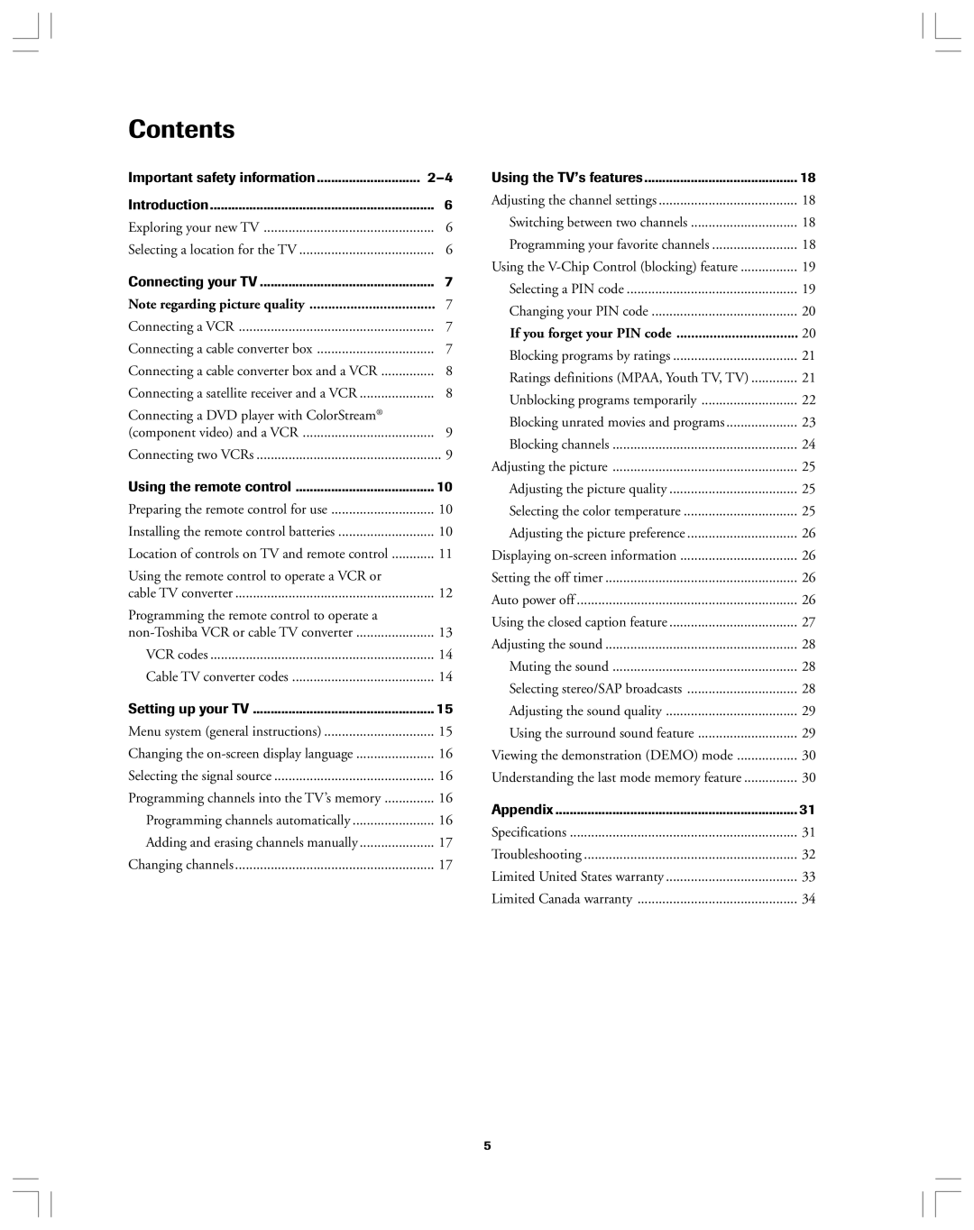 Toshiba 32A12 appendix Contents 