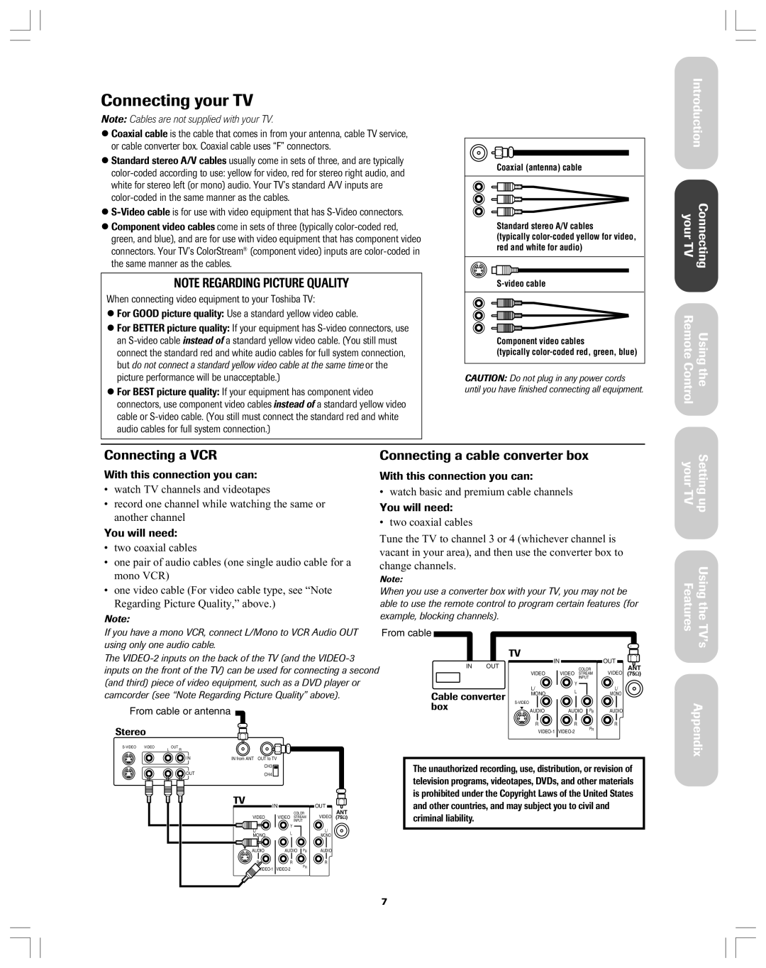 Toshiba 32A12 appendix Connecting a VCR Connecting a cable converter box, With this connection you can, You will need 