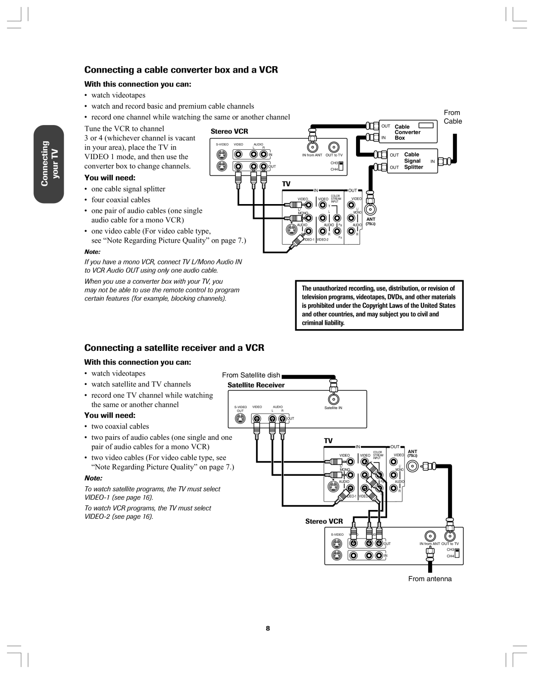 Toshiba 32A12 appendix Connecting a cable converter box and a VCR, Connecting a satellite receiver and a VCR 