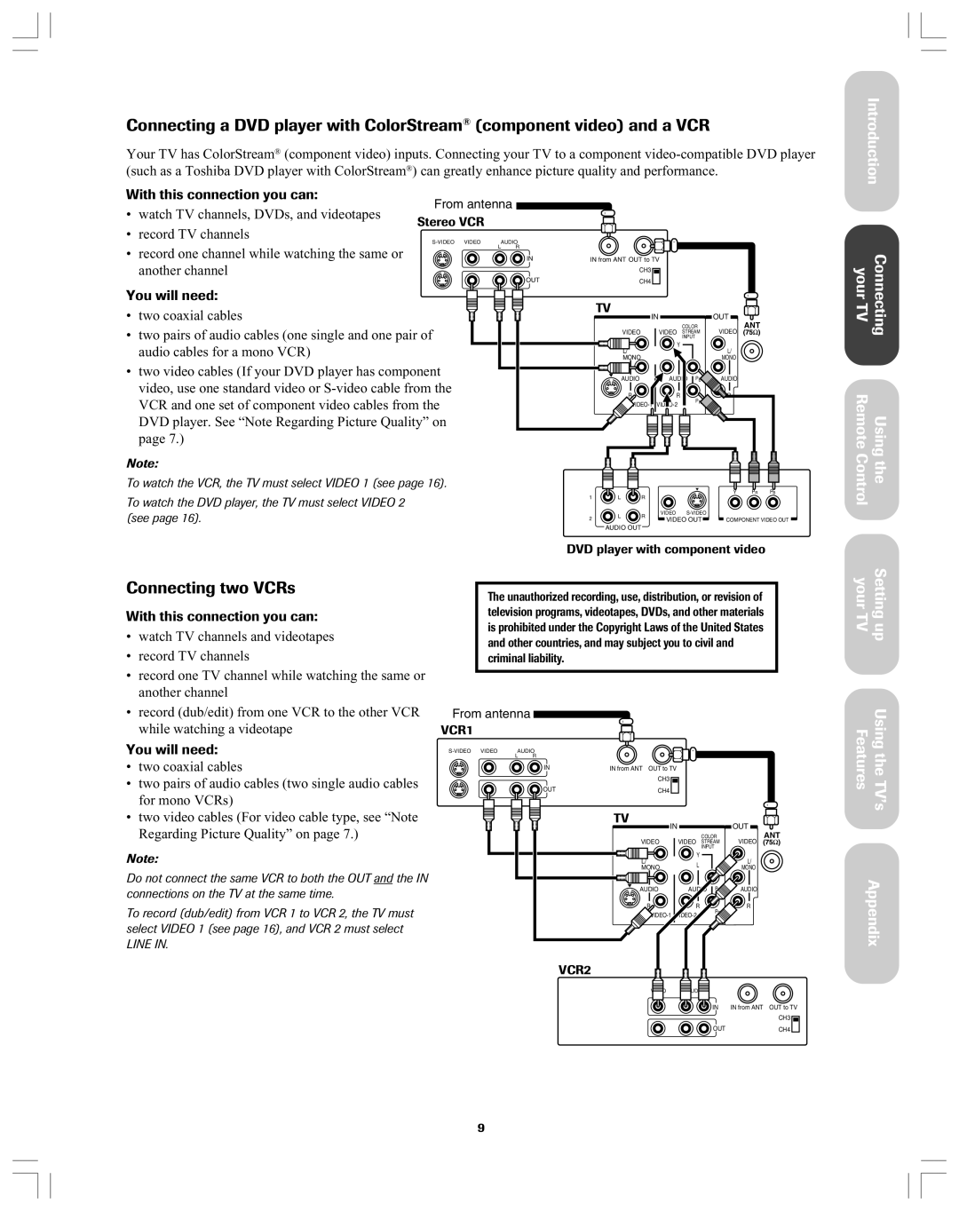 Toshiba 32A12 appendix Connecting two VCRs, Connecting your TV Using Remote 