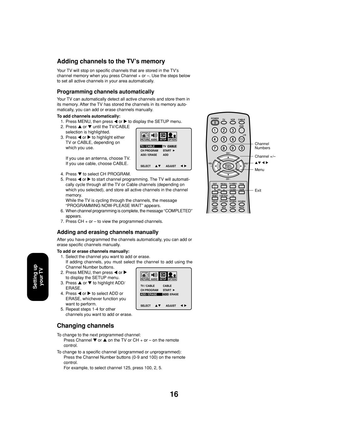 Toshiba 32A13 appendix Adding channels to the TV’s memory, Changing channels, Programming channels automatically 