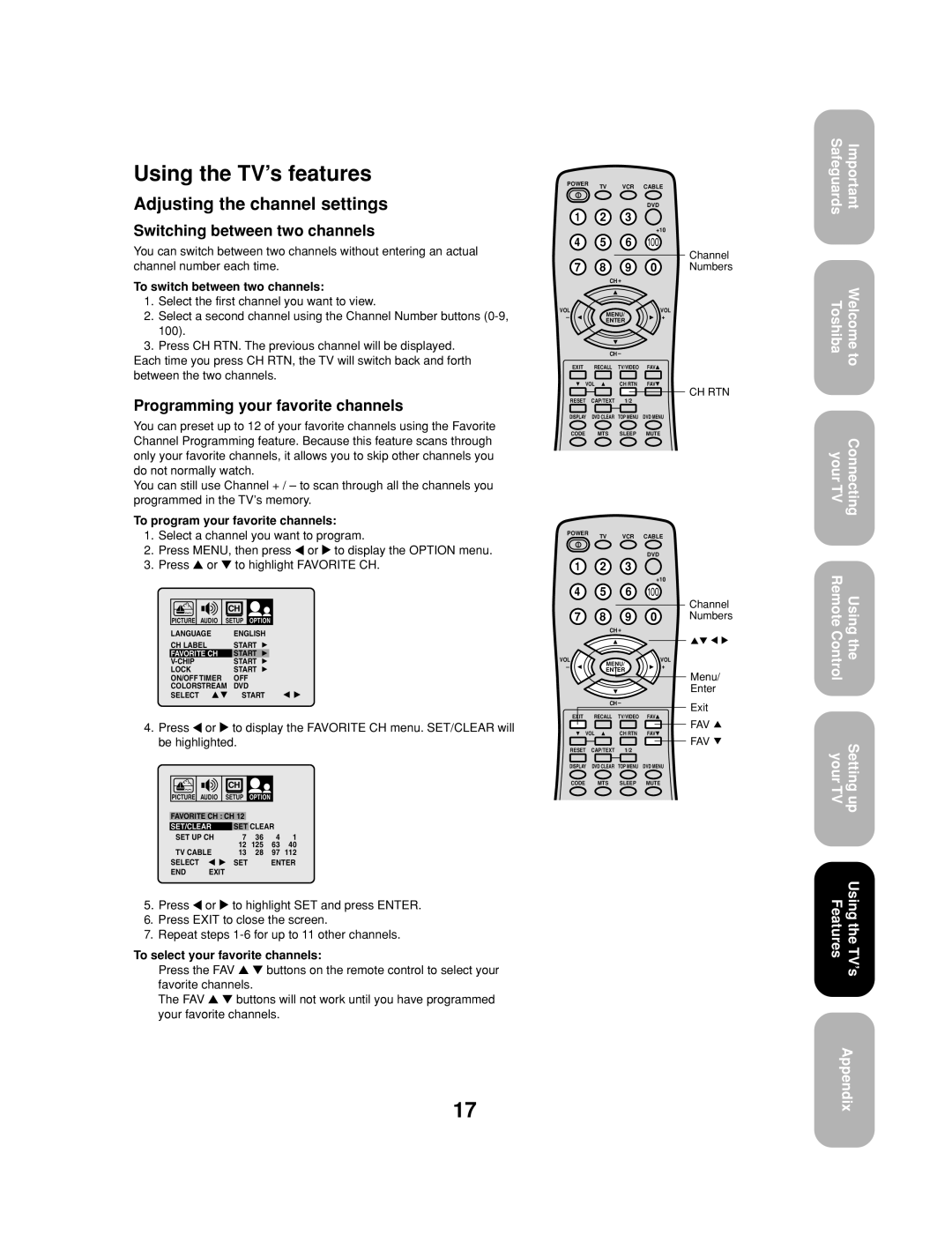 Toshiba 32A13 appendix Using the TV’s features, Adjusting the channel settings, Switching between two channels 